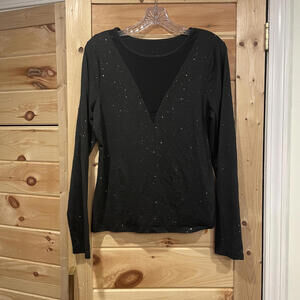 Black Long Sleeve Top with Sheer V-Neck Detail